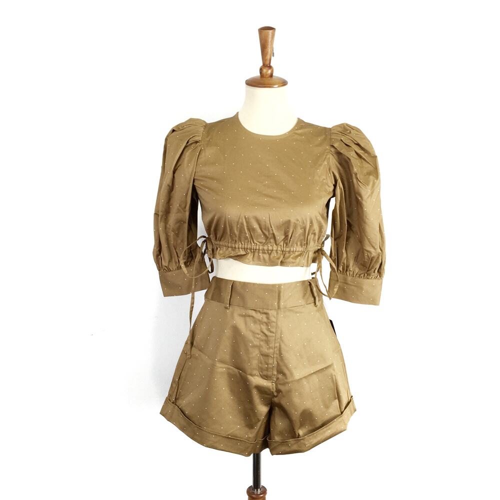 New Danielle Bernstein SET khaki dot puff sleeve top XS high waist shorts 4 NWT - Picture 1 of 5